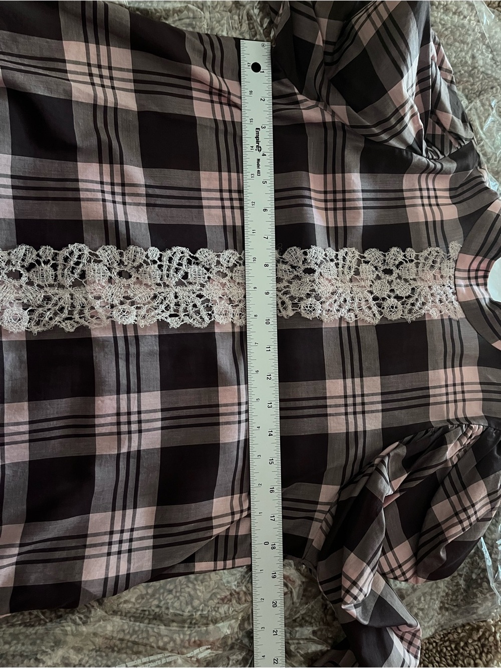Silvia Tcherassi Pink and Burgundy Plaid Lace-Trim Puff Sleeve Blouse - Picture 5 of 8